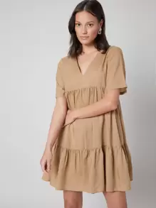 SHEIN Đầm phân lớp màu trơn Giải trí - Màu Khaki - Xem 8