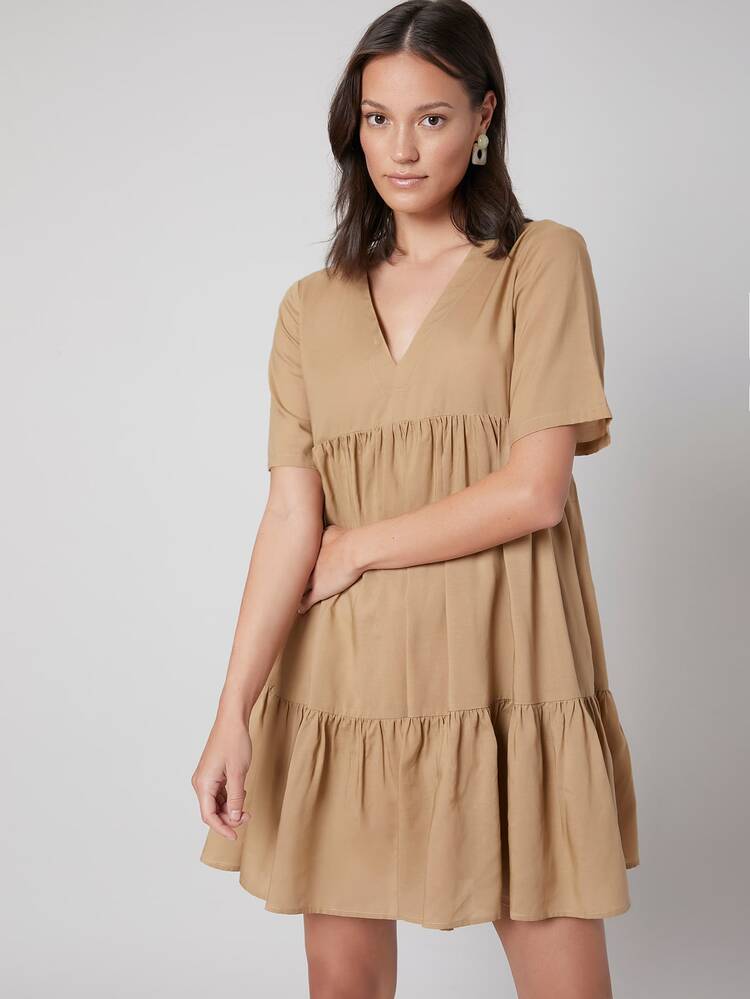 SHEIN 亞麻飘逸娃娃裙 - 卡其色 - 查看 8