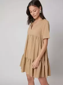 SHEIN Đầm phân lớp màu trơn Giải trí - Màu Khaki - Xem 9