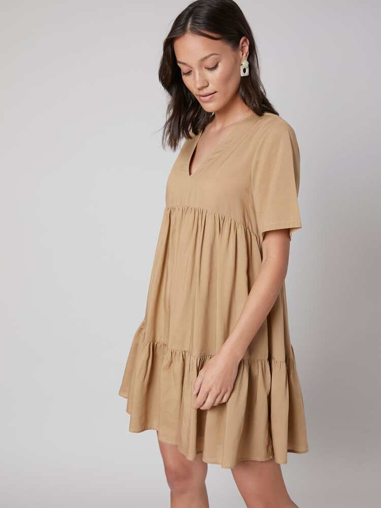 SHEIN 亞麻飘逸娃娃裙 - 卡其色 - 查看 9