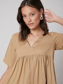 SHEIN Đầm phân lớp màu trơn Giải trí - Màu Khaki - Xem 10