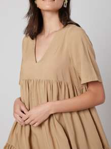 SHEIN Đầm phân lớp màu trơn Giải trí - Màu Khaki - Xem 11