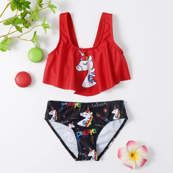 

Toddler Girls Unicorn Print Hanky Hem Bikini Swimsuit, Multicolor