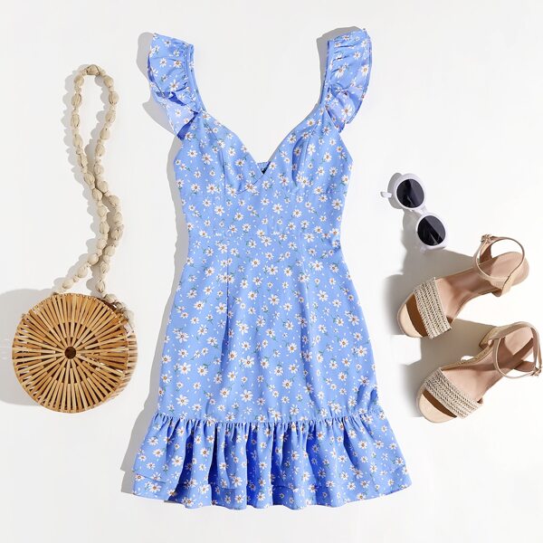 

Ditsy Floral Print Ruffle Hem Dress, Blue