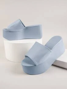 Vegan Leather Platform Slides - Dusty Blue - View 2