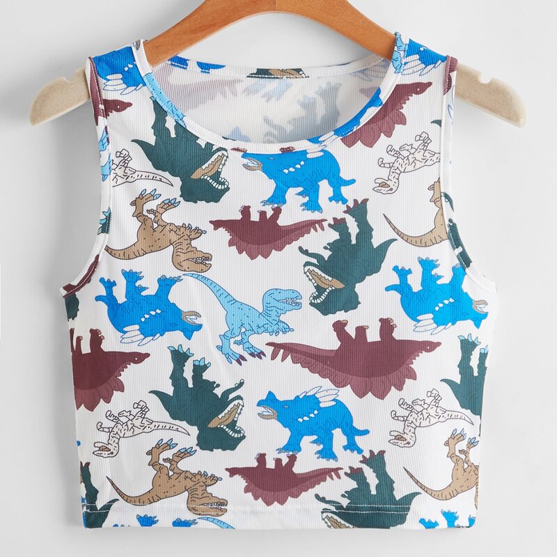 

Dinosaur Graphic Ribbed Tank Top, Multicolor