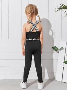 SHEIN Bộ thời trang bé gái Hội Chữ thập Lá thư Thể thao - màu đen - Xem 2