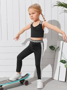 SHEIN Bộ thời trang bé gái Hội Chữ thập Lá thư Thể thao - màu đen - Xem 3