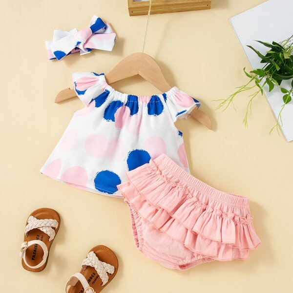 

Baby Girl Polka Dot Blouse & Shorts & Headband, Multicolor