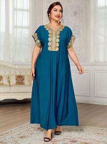 Al Najma Plus Batwing Sleeve Floral Embroidery Taped Dress - Blue - View 1