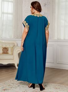 Al Najma Plus Batwing Sleeve Floral Embroidery Taped Dress - Blue - View 2