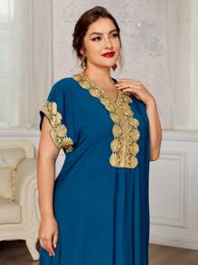 Al Najma Plus Batwing Sleeve Floral Embroidery Taped Dress - Blue - View 3