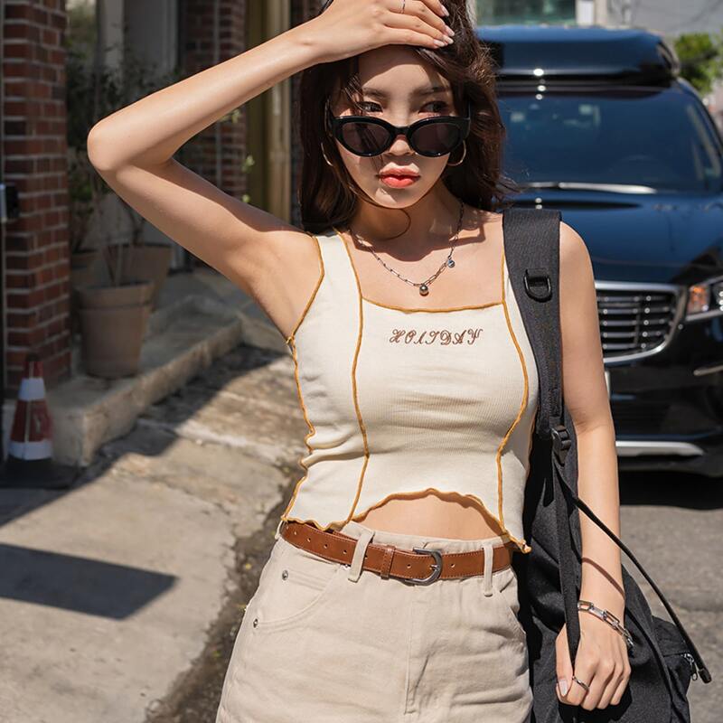 

Contrast Binding Letter Embroidery Tank Top, Beige