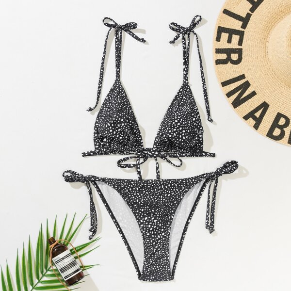 

Dalmatian Print Tie Shoulder Bikini Swimsuit, Black and white