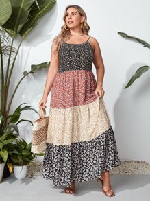 SHEIN VCAY Plus Ditsy Floral Colorblock Slip Dress