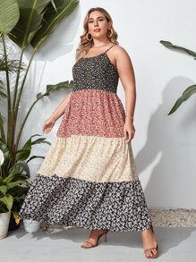 SHEIN VCAY Plus Ditsy Floral Colorblock Slip Dress