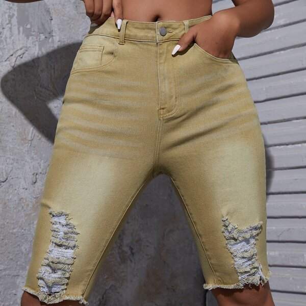 

Plus Curvy Ripped Biker Denim Shorts, Khaki
