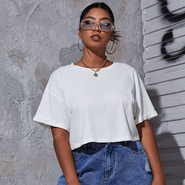 

Plus Drop Shoulder Solid Crop Tee, White