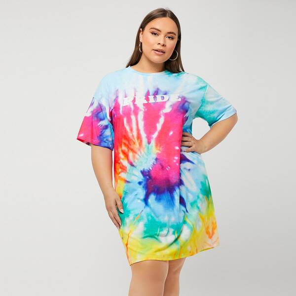 

Plus Drop Shoulder Letter Graphic Tie Dye Tee Dress, Multicolor