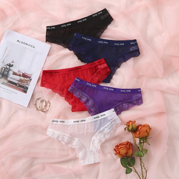 

5pack Letter Tape Sheer Mesh Panty Set, Multicolor