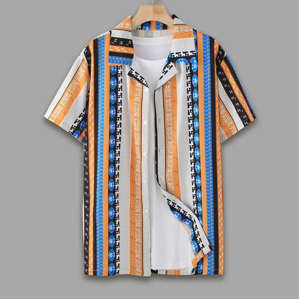 

Men Geo And Striped Print Shirt, Multicolor