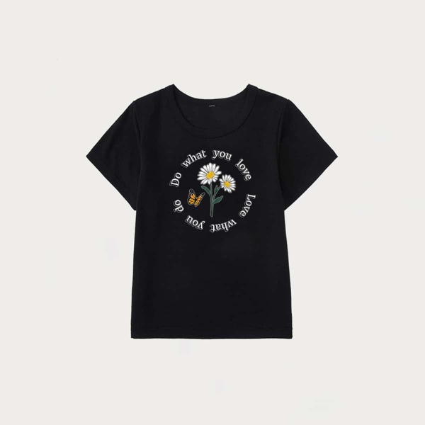 

Girls Slogan And Floral Print Tee, Black