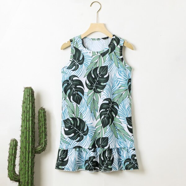 

Girls Tropical Print Ruffle Hem Dress, Multicolor