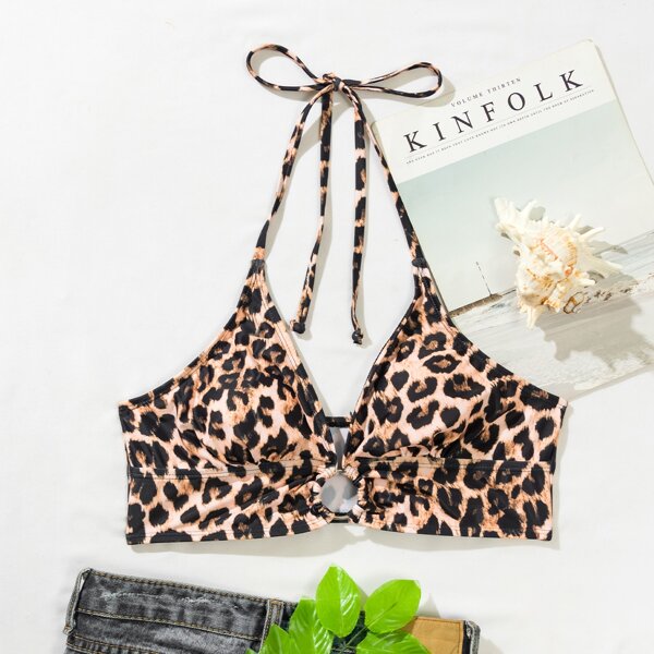 

Leopard Print Halter Bikini Top, Multicolor
