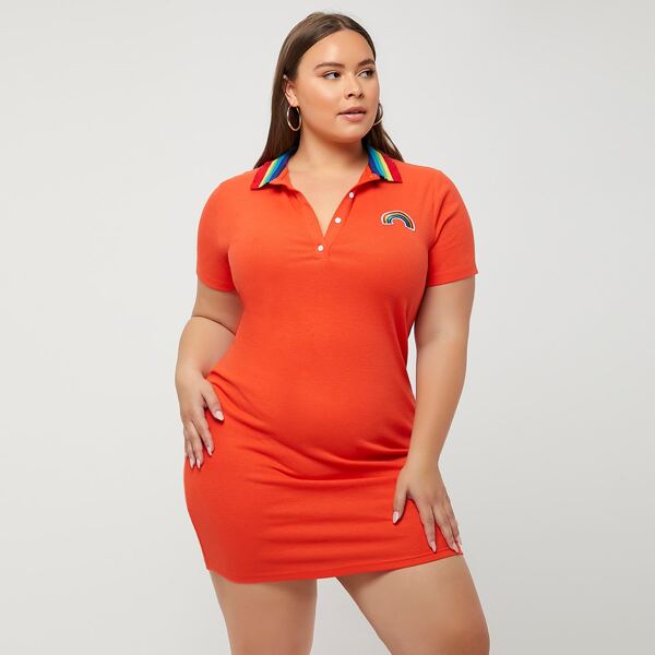 

Plus Rainbow Patched Detail Contrast Collar Dress, Orange