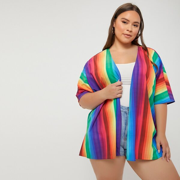 

Plus Rainbow Striped Print Batwing Sleeve Kimono, Multicolor