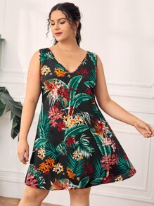 SHEIN VCAY Plus Tropical Print V-neck Dress - Multicolor - View 1