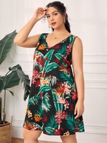 SHEIN VCAY Plus Tropical Print V-neck Dress - Multicolor - View 3