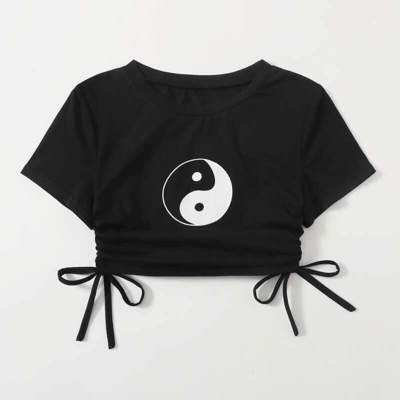 

Yin And Yang Drawstring Ruched Tee, Black