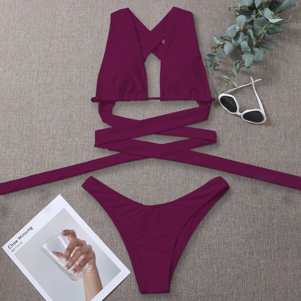 

Crisscross Knot High Cut Bikini Swimsuit, Red violet