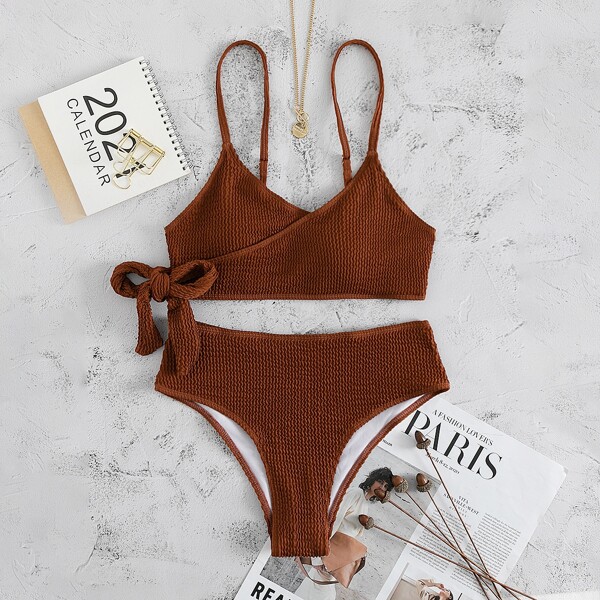 

Textured Knot Side Bikini Swimsuit, Coffee brown