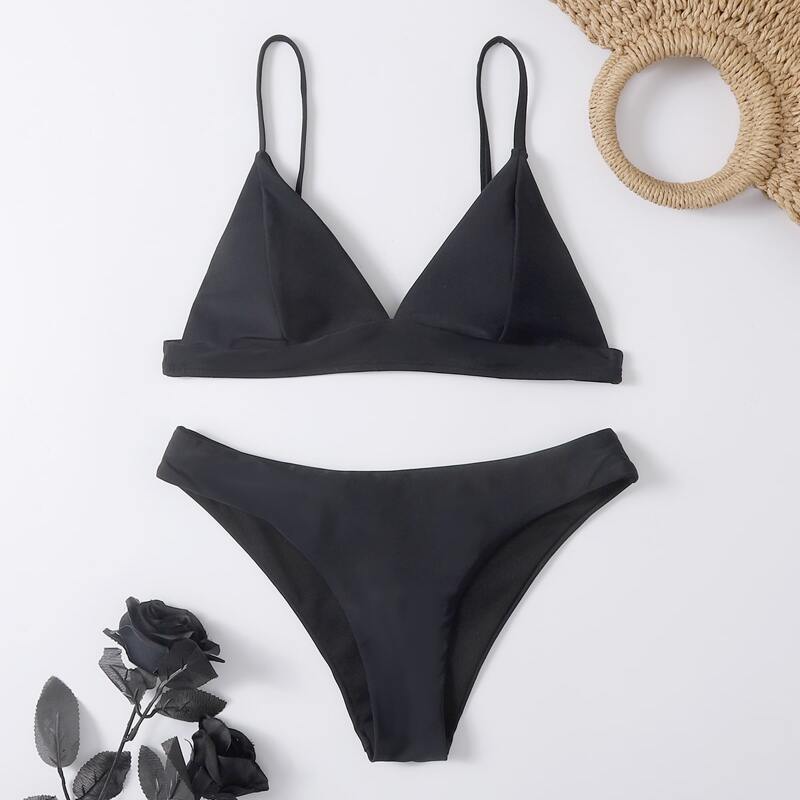

Solid Triangle Bikini Swimsuit, Black