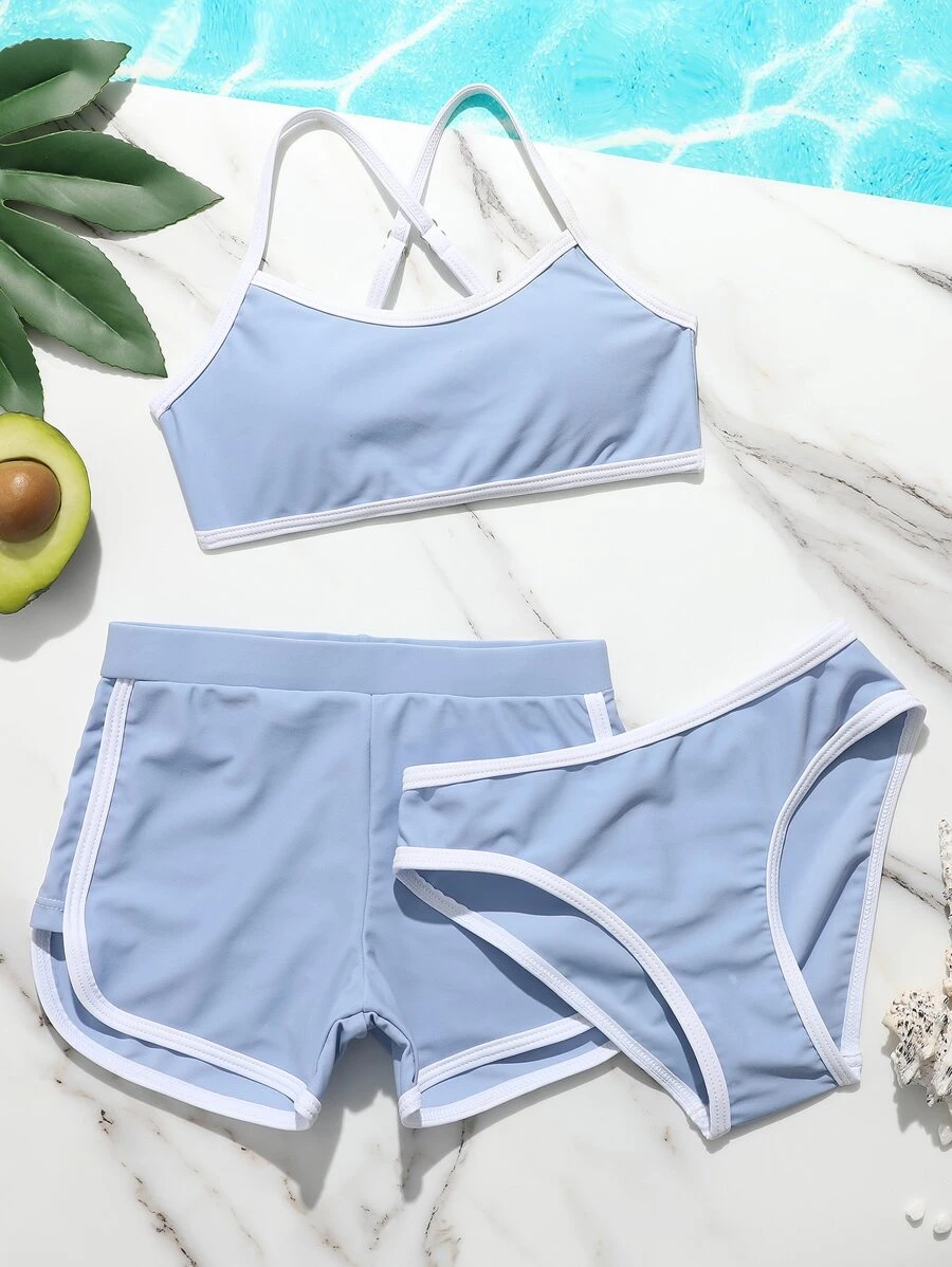 青少年女孩对比色绑带短裤比基尼套装夏季海滩 - 淡紫色 - 查看 1