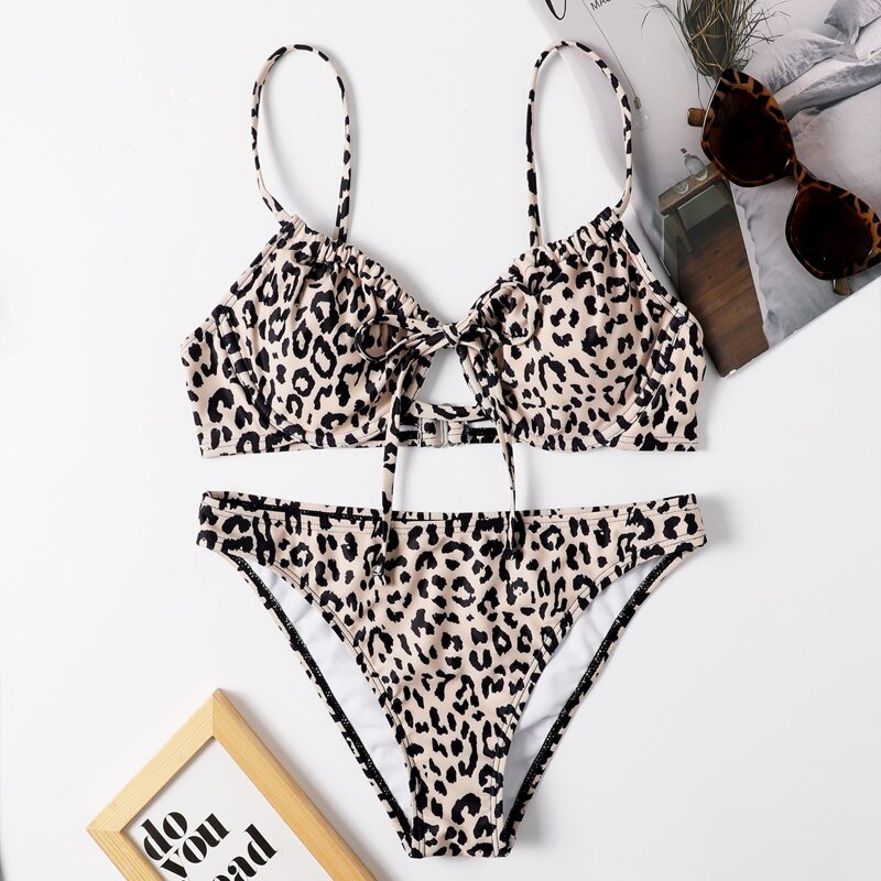

Leopard Tie Front Underwire Bikini Swimsuit, Multicolor