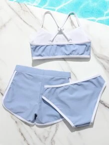 青少年女孩对比色绑带短裤比基尼套装夏季海滩 - 淡紫色 - 查看 2