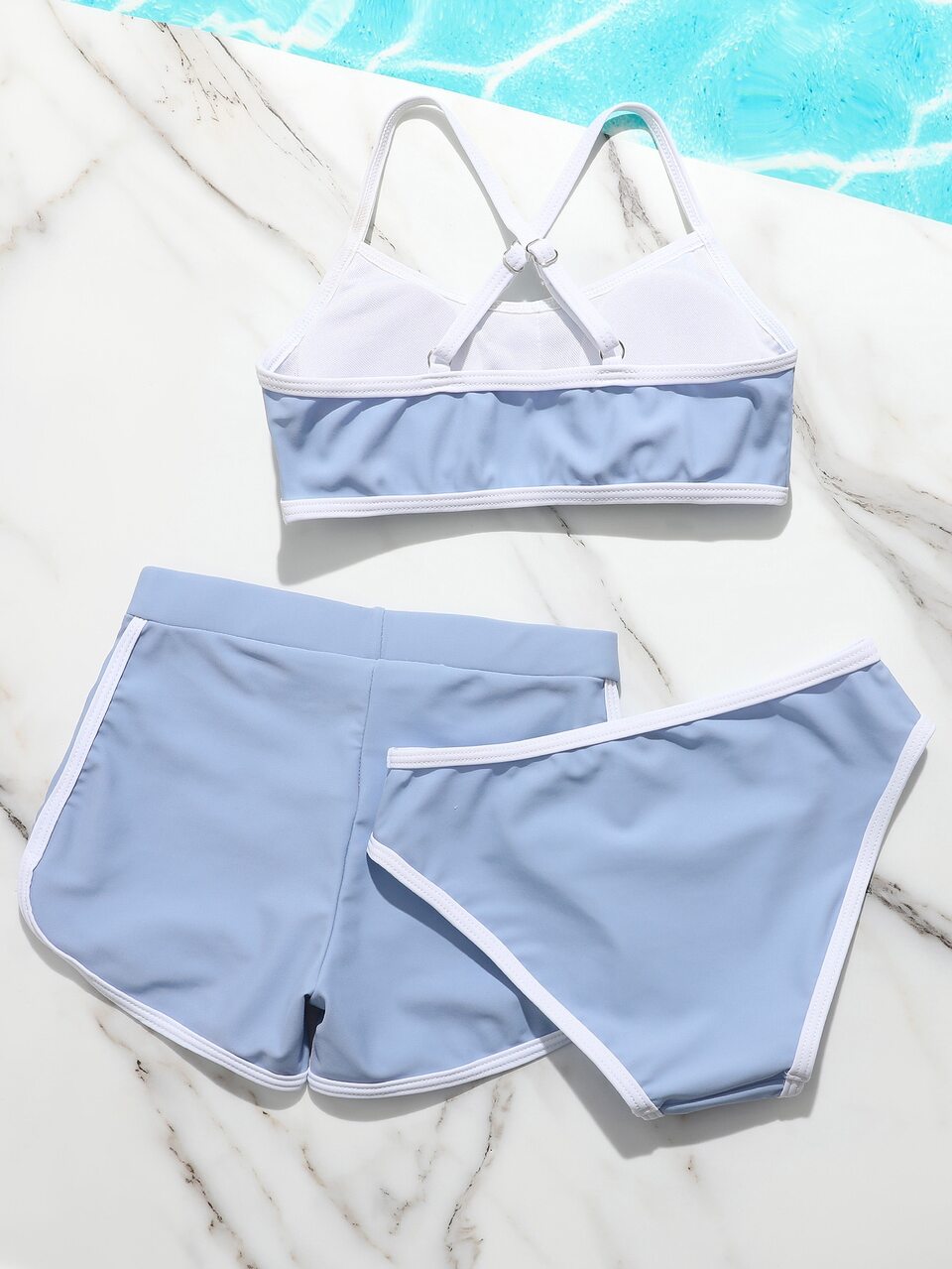 Tween Girl Contrast Binding Shorts Bikini Set Summer Beach