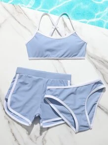 青少年女孩对比色绑带短裤比基尼套装夏季海滩 - 淡紫色 - 查看 5