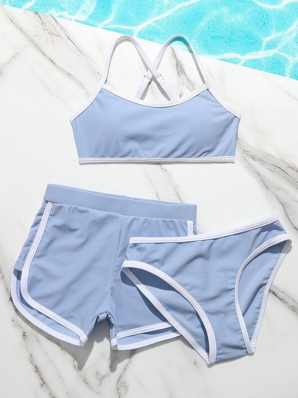Tween Girl Contrast Binding Shorts Bikini Set Summer Beach