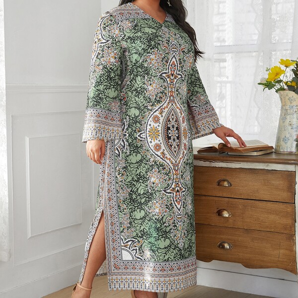 

Plus Floral Print Split Thigh Dress, Multicolor