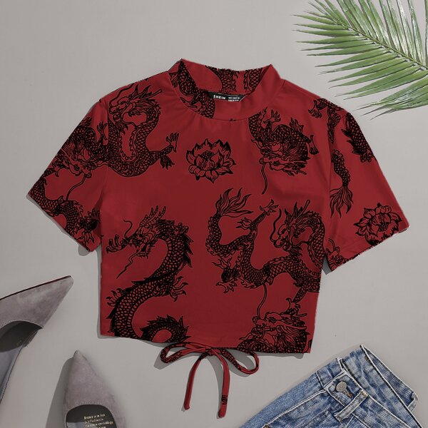 

Plus Chinese Dragon Print Knotted Backless Mock Neck Tee, Multicolor