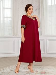 Mulvari Plus Contrast Sequin Tunic Dress - Burgundy - View 4