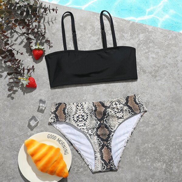 

Girls Snakeskin Print Bikini Swimsuit, Black