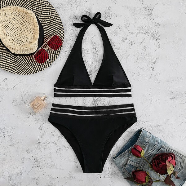 

Contrast Mesh Halter Bikini Swimsuit, Black