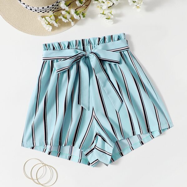 

Striped Paper Bag Waist Belted Shorts, Mint blue