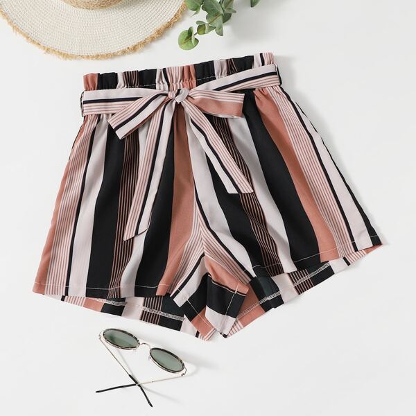 

Striped Paper Bag Waist Belted Shorts, Multicolor