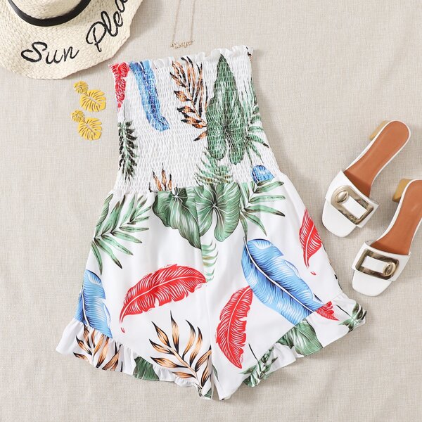 

Tropical Leaf Print Shirred Romper, Multicolor